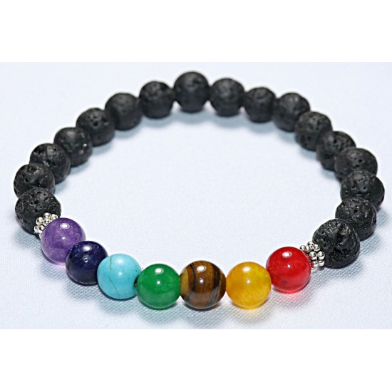 Chakra Braclet (Seven chakra stone and Black Lava Stone), Powerful Stones - 8 mm (app)