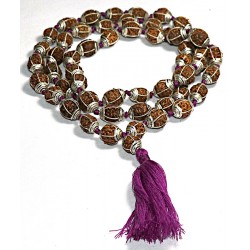 5 Faces White Metal Crafted with knotted Rudrakshya Mala 54 Beads with 1 guru beads - Large size (12 mm)