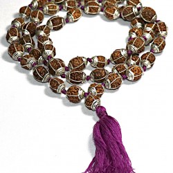 5 Faces White Metal Crafted with knotted Rudrakshya Mala 54 Beads with 1 guru beads - Large size (12 mm)