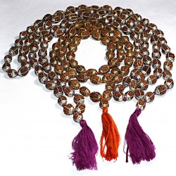 5 Faces White Metal Crafted with knotted Rudrakshya Mala 54 Beads with 1 guru beads - Large size (12 mm)