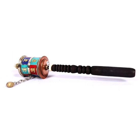 Handheld turquoise filled Colorful Tibetan Prayer Wheel with Wooden Handle - Small Size
