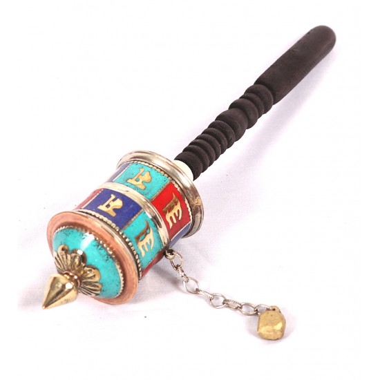 Handheld turquoise filled Colorful Tibetan Prayer Wheel with Wooden Handle - Small Size