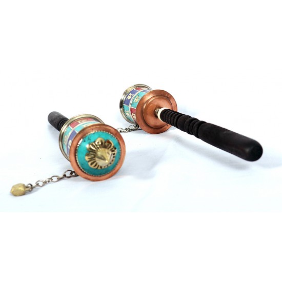 Handheld turquoise filled Colorful Tibetan Prayer Wheel with Wooden Handle - Small Size