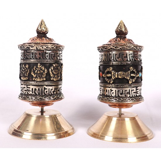 Handcrafted Tabletop Copper Tibetan Prayer Wheel in Black & Silver - Small Size