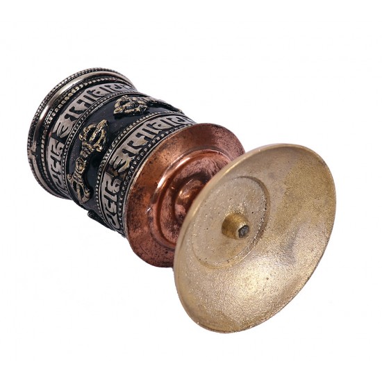 Handcrafted Tabletop Copper Tibetan Prayer Wheel in Black & Silver - Small Size