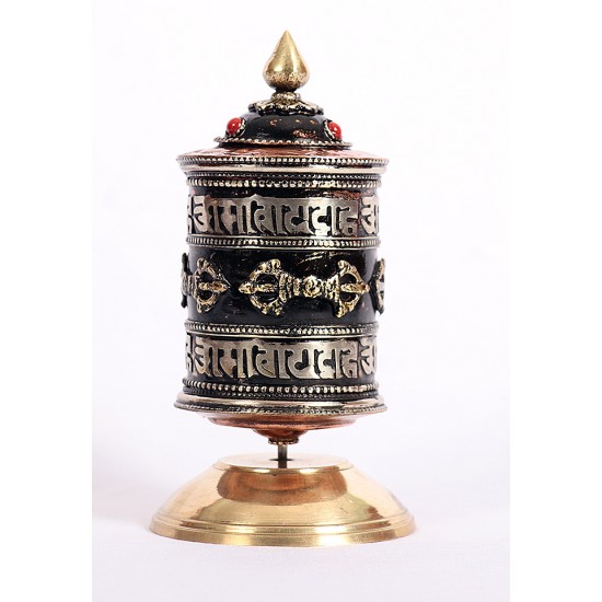 Handcrafted Tabletop Copper Tibetan Prayer Wheel in Black & Silver - Medium Size