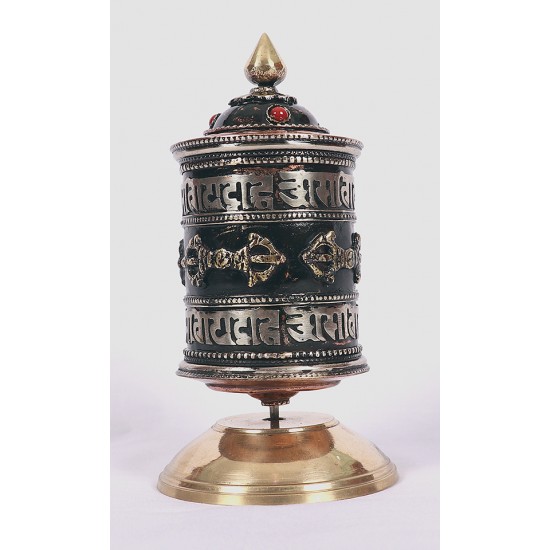 Handcrafted Tabletop Copper Tibetan Prayer Wheel in Black & Silver - Medium Size