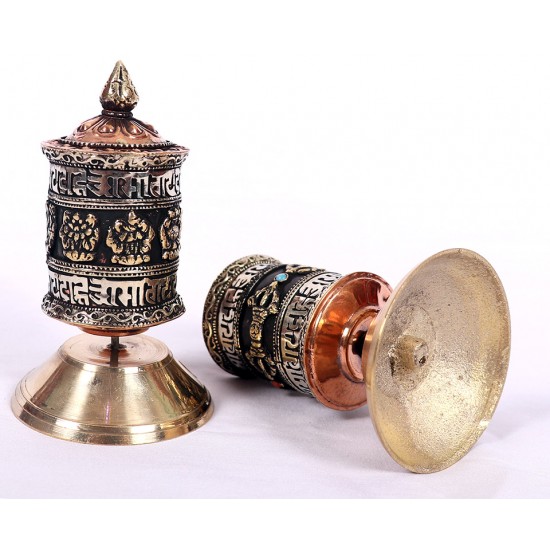 Handcrafted Tabletop Copper Tibetan Prayer Wheel in Black & Silver - Medium Size