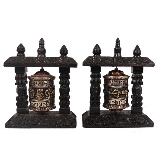 Handcrafted Wooden Frame Table Stand, Tibetan Prayer Wheel - Small Size