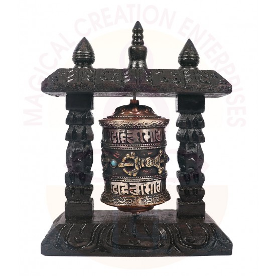 Handcrafted Wooden Frame Table Stand, Tibetan Prayer Wheel - Small Size
