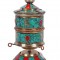 Handcrafted Tabletop Tibetan Prayer Wheel, Brass with Turquoise & Coral Inlay - Small Size
