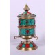 Handcrafted Tabletop Tibetan Prayer Wheel, Brass with Turquoise & Coral Inlay - Small Size