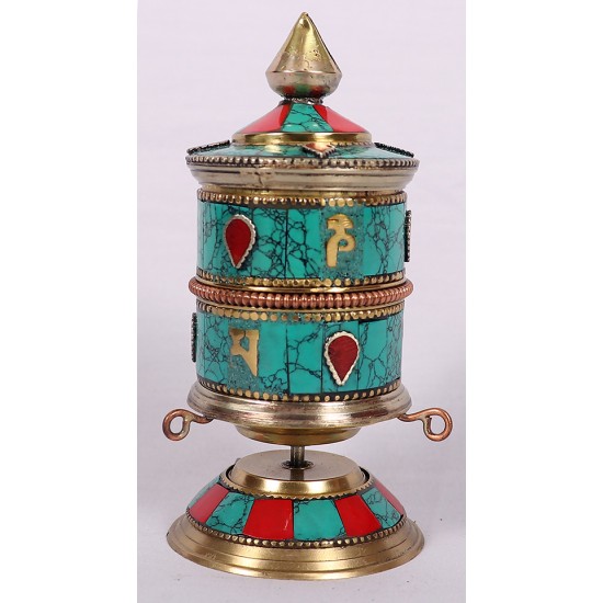 Handcrafted Tabletop Tibetan Prayer Wheel, Brass with Turquoise & Coral Inlay - Small Size