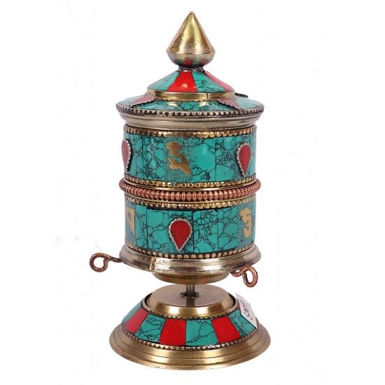Handcrafted Tabletop Tibetan Prayer Wheel, Brass with Turquoise & Coral Inlay - Small Size