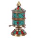 Handcrafted Tabletop Tibetan Prayer Wheel, Brass with Turquoise & Coral Inlay - Small Size