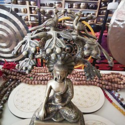 Buddha Statue with tree, Dim Yellow Color - Medium Size (24*20 cm, 9.4*7.8 inch)