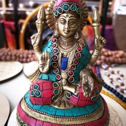 Laxmi with Turquoise and Green Stone Filled, Nepali Goddes, Green Color - Small size (15*9 cm, 5.9*3.5 inch)