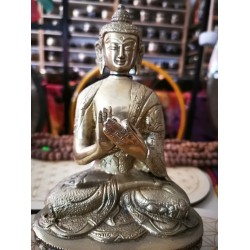 Buddha Statue with Beautiful Decoration Plain, Shiny Yellow Color - Medium Size (10.5*6.5*22.3 cm, 4.1*2.5*8.7 inch)