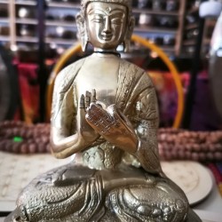 Buddha Statue with Beautiful Decoration Plain, Shiny Yellow Color - Medium Size (10.5*6.5*22.3 cm, 4.1*2.5*8.7 inch)