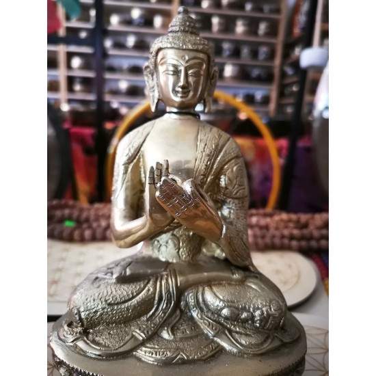 Buddha Statue with Beautiful Decoration Plain, Shiny Yellow Color - Medium Size (10.5*6.5*22.3 cm, 4.1*2.5*8.7 inch) Buddha Statue with Beautiful Decoration Plain, Shiny Yellow Color - Medium Size (10.5*6.5*22.3 cm, 4.1*2.5*8.7 inch)