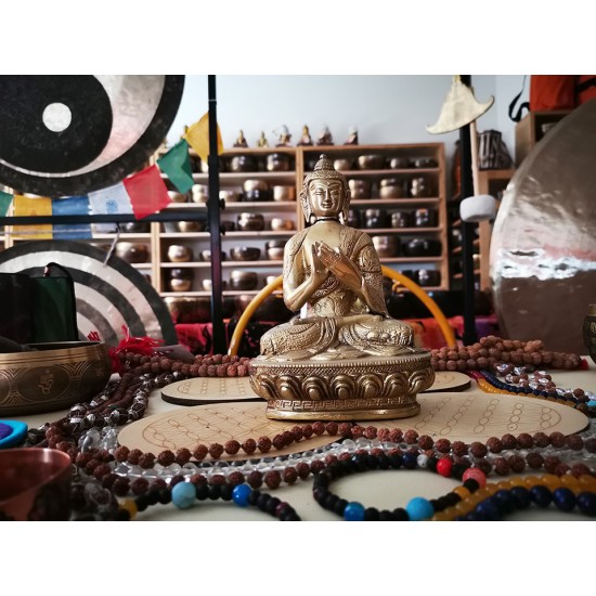 Buddha Statue with Beautiful Decoration Plain, Shiny Yellow Color - Medium Size (10.5*6.5*22.3 cm, 4.1*2.5*8.7 inch) Buddha Statue with Beautiful Decoration Plain, Shiny Yellow Color - Medium Size (10.5*6.5*22.3 cm, 4.1*2.5*8.7 inch)