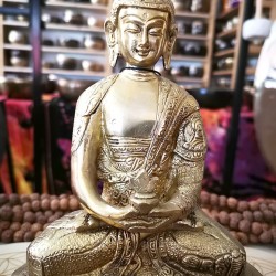 Buddha Statue with Beautiful Decoration, Shiny Yellow Color - Medium Size (11*6.8*22 cm, 4.3*2.6*8.6 inch)