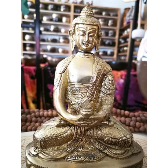 Buddha Statue with Beautiful Decoration, Shiny Yellow Color - Medium Size (11*6.8*22 cm, 4.3*2.6*8.6 inch) Buddha Statue with Beautiful Decoration, Shiny Yellow Color - Medium Size (11*6.8*22 cm, 4.3*2.6*8.6 inch)