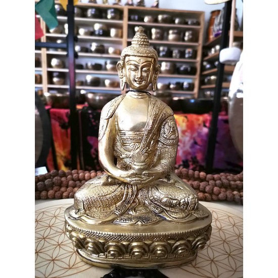 Buddha Statue with Beautiful Decoration, Shiny Yellow Color - Medium Size (11*6.8*22 cm, 4.3*2.6*8.6 inch) Buddha Statue with Beautiful Decoration, Shiny Yellow Color - Medium Size (11*6.8*22 cm, 4.3*2.6*8.6 inch)