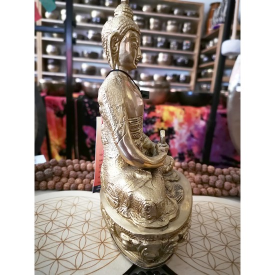 Buddha Statue with Beautiful Decoration, Shiny Yellow Color - Medium Size (11*6.8*22 cm, 4.3*2.6*8.6 inch) Buddha Statue with Beautiful Decoration, Shiny Yellow Color - Medium Size (11*6.8*22 cm, 4.3*2.6*8.6 inch)