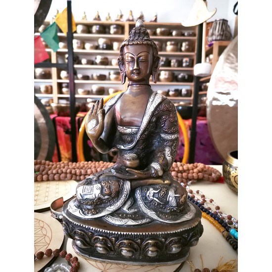 Buddha Statue with Beautiful Decoration, Silver and Black Color - Large Size (14*9*30 cm, 5.5*3.5*11.8 inch)