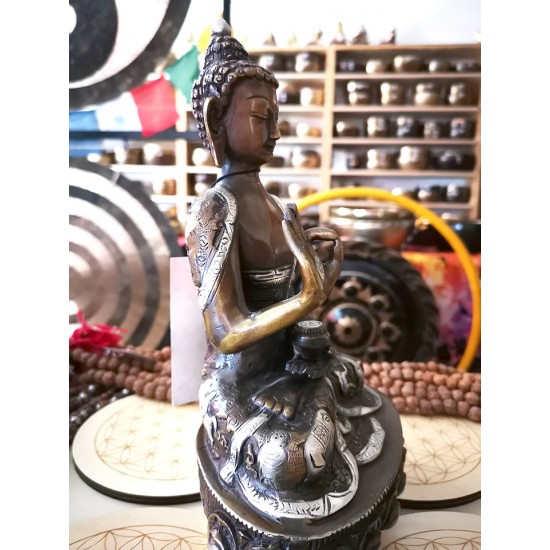 Buddha Statue with Beautiful Decoration, Silver and Black Color - Large Size (14*9*30 cm, 5.5*3.5*11.8 inch)