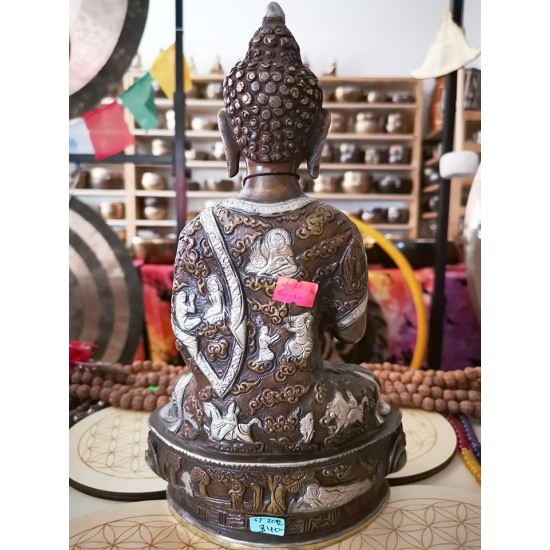 Buddha Statue with Beautiful Decoration, Silver and Black Color - Large Size (14*9*30 cm, 5.5*3.5*11.8 inch)