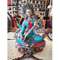 Saraswoti Statue with green Stone Filled, Green Color - Medium Size (8*10*23.1 cm, 3.1*3.9*9.09 inch) 
