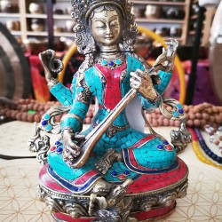 Saraswoti Statue with green Stone Filled, Green Color - Medium Size (8*10*23.1 cm, 3.1*3.9*9.09 inch) 