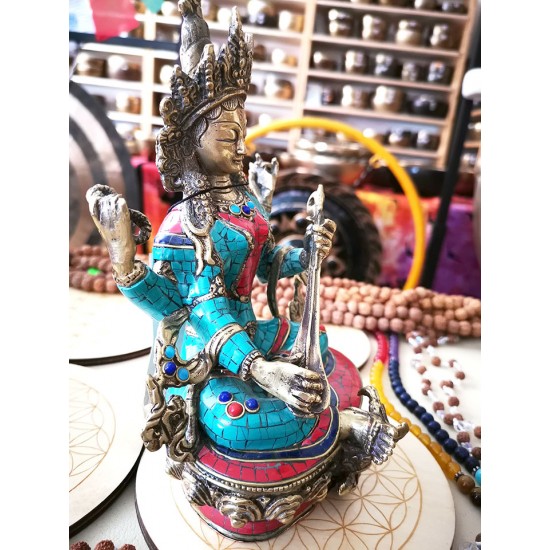 Saraswoti Statue with green Stone Filled, Green Color - Medium Size (8*10*23.1 cm, 3.1*3.9*9.09 inch) 