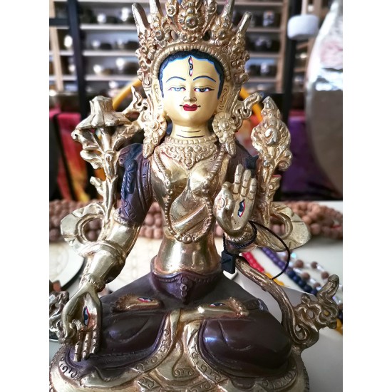 White Tara fine quality Statue, gold plated, Golden Color - Medium Size (10.7*7.6*25.3 cm, 4.2*2.9*9.9 inch)