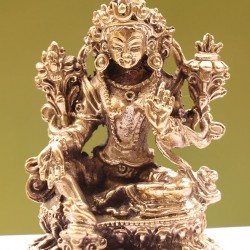 Green Tara-Beautiful carving, Dim Yellow colored, Statue, Hand worked in Nepal - Mini Size ( 3*1.6*4.5 cm, 1.18*0.62*1.77 inch)