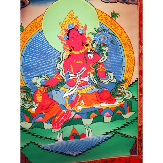 Red Tara Thanka Painting with Wall Hanging - Medium Size (48*35 cm, 18.89*13.77 inch)