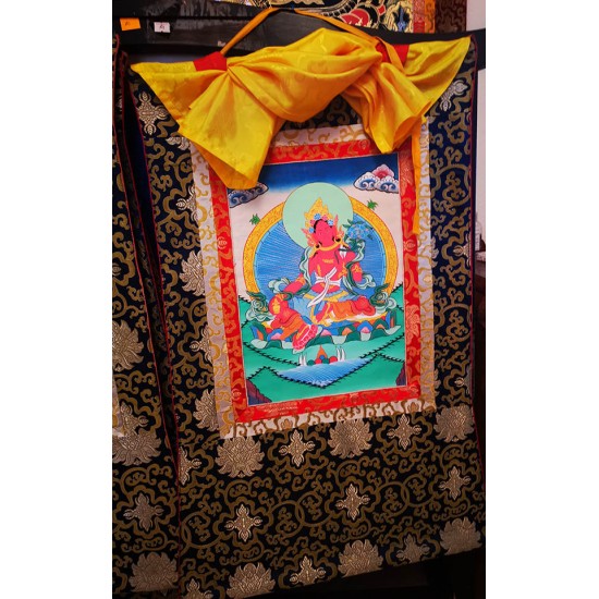 Red Tara Thanka Painting with Wall Hanging - Medium Size (48*35 cm, 18.89*13.77 inch)
