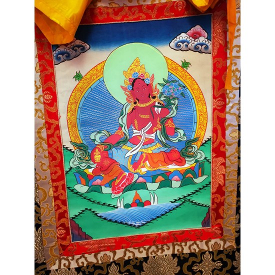 Red Tara Thanka Painting with Wall Hanging - Medium Size (48*35 cm, 18.89*13.77 inch)