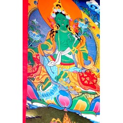 Green Tara Thanka Painting with Wall Hanging - Medium size (48*35 cm, 18.89*13.77 inch)