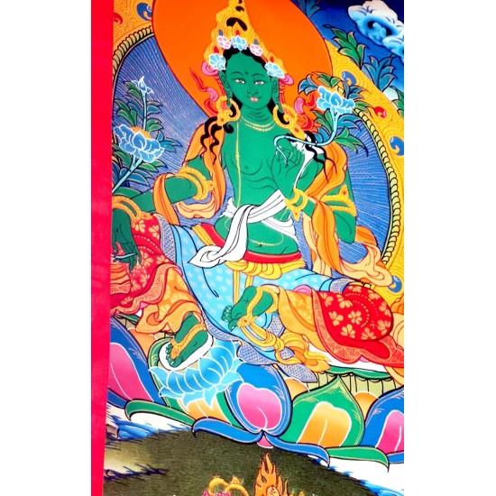 Green Tara Thanka Painting with Wall Hanging - Medium size (48*35 cm, 18.89*13.77 inch)