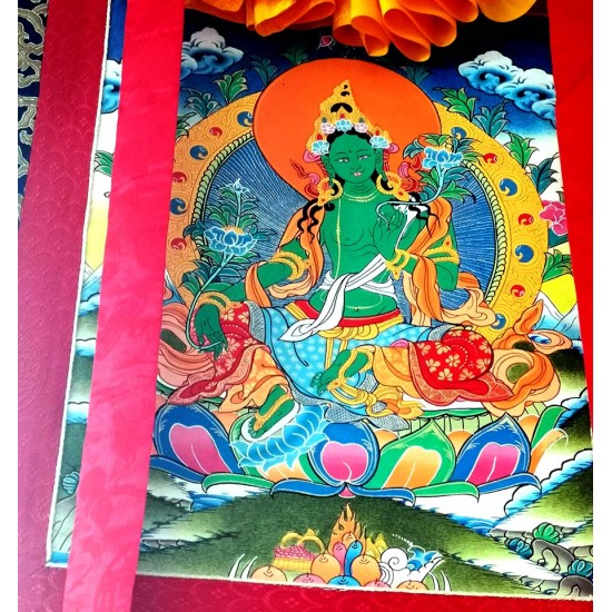 Green Tara Thanka Painting with Wall Hanging - Medium size (48*35 cm, 18.89*13.77 inch)