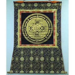 Kala Chakra Mandala Black and Gold with Border Speical Nepali Thanka Painting - Medium size (128.5*94.5 cm, 50.5*37.02 inch)