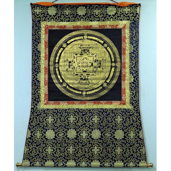 Kala Chakra Mandala Black and Gold with Border Speical Nepali Thanka Painting - Medium size (128.5*94.5 cm, 50.5*37.02 inch)