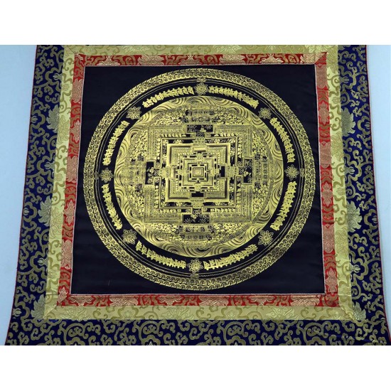 Kala Chakra Mandala Black and Gold with Border Speical Nepali Thanka Painting - Medium size (128.5*94.5 cm, 50.5*37.02 inch)