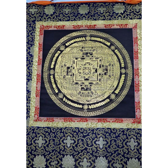 Kala Chakra Mandala Black and Gold with Border Speical Nepali Thanka Painting - Medium size (128.5*94.5 cm, 50.5*37.02 inch)