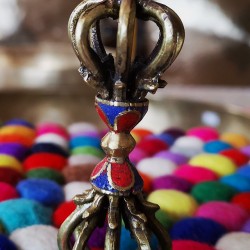 Vajra/Dorje with Stone (9 Faces) - Beautiful Decorative ritual weapon, Green colored, Hand worked in Nepal - Small Size (9*9.5 cm, 3.5*3.7 inch)