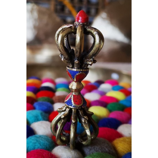 Vajra/Dorje with Stone (9 Faces) - Beautiful Decorative ritual weapon, Green colored, Hand worked in Nepal - Small Size (9*9.5 cm, 3.5*3.7 inch)