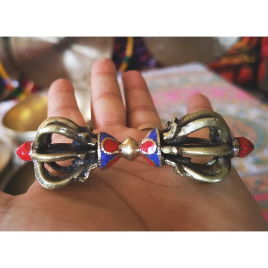 Vajra/Dorje with Stone (9 Faces) - Beautiful Decorative ritual weapon, Green colored, Hand worked in Nepal - Small Size (9*9.5 cm, 3.5*3.7 inch)